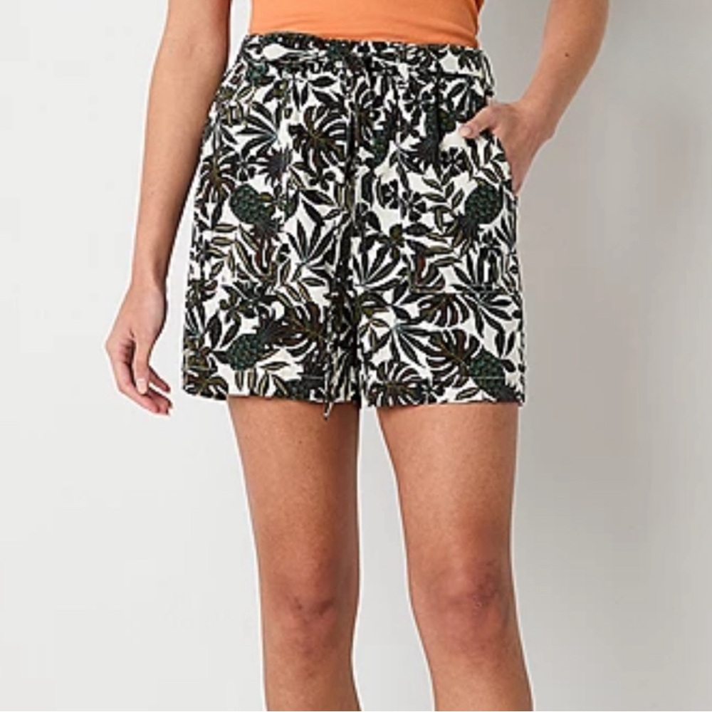 a.n.a. Linen Blend Womens High Rise Pull-On Shorts Belted Palm Print Petite XL